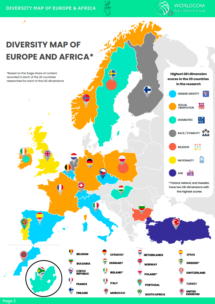 Kartta tasa-arvon keskusteluaiheista Euroopassa ja muutamassa Afrikan maassa. Esimerkiksi Italiassa, Espanjassa ja Tsekissä puhuttaa eniten sukupuoli-identiteetti ja Ranskassa, Saksassa ja Norjassa seksuaalivähemmistöt.